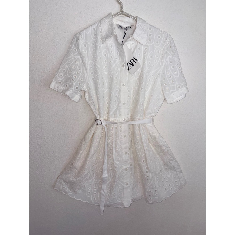 Zara Eyelet Shirt Dress medium White New Belted Scalloped Mini Embroidery - Picture 6 of 16